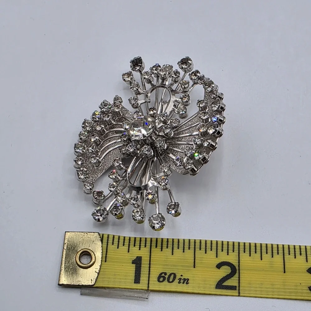 Vintage Silver Tone Clear Rhinestone Atomic Starburst Sunburst Brooch Pin